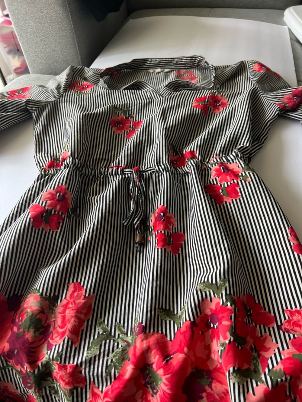 Lush Black & White Striped Dress with Red Floral Print